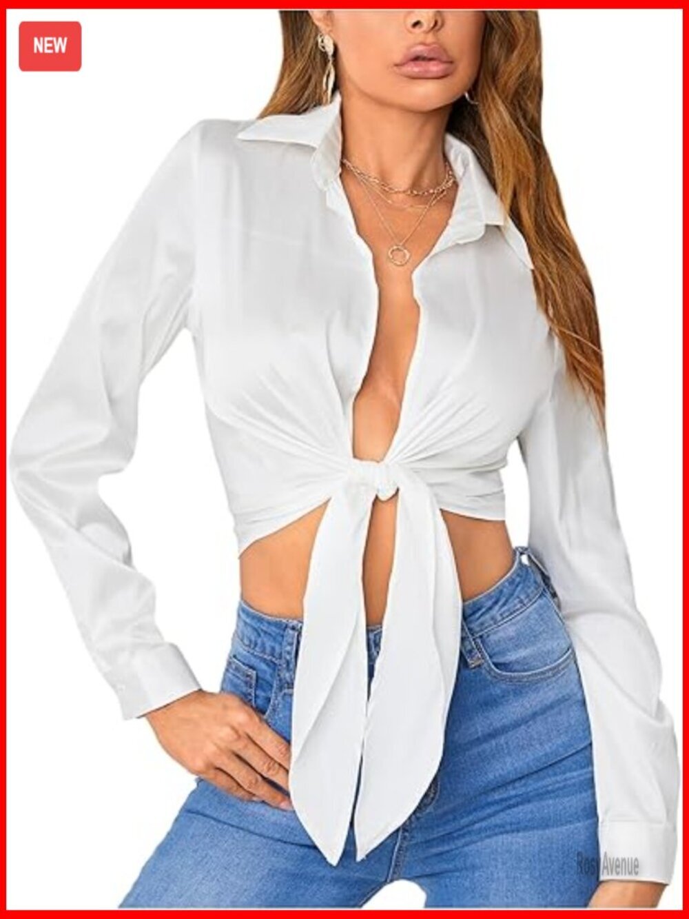 Tie Front Satin Silk Blouse Deep V Neck Long Sleeve Crop Going Out Top